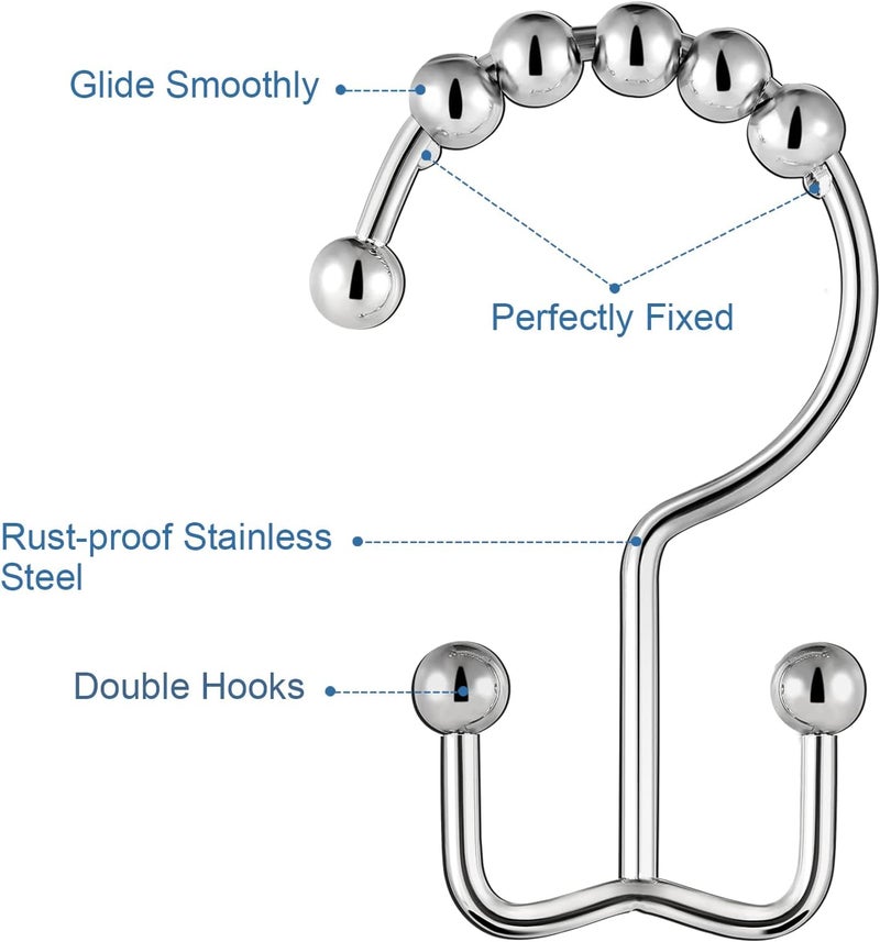 TOPROD Shower Curtain Hooks Rings, Double Sided Shower Curtain Hooks, Stainless Steel Shower Hooks Rust Proof for Bathroom Shower Curtain Rod Curtains, Free Gliding, Chrome, Set of 12 - Image 5